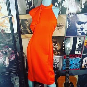 🔥 Boutique BRIGHT ORANGE RUFFLE HALTER MIDI DRESS Size: LARGE
